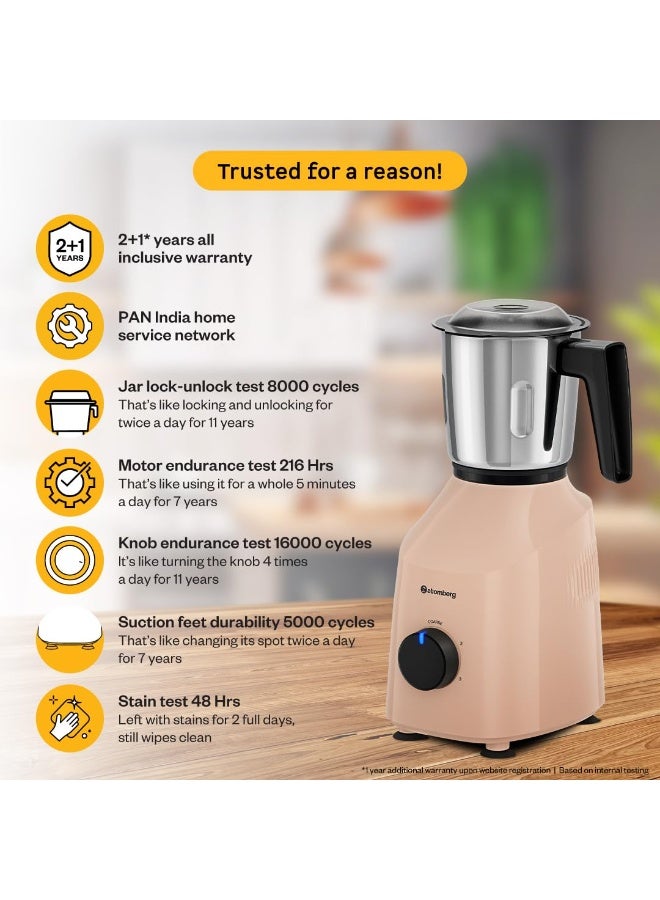 Atomberg Xiana 750 Watt Mixer Grinder | 3 Multipurpose Stainless Steel Jars | Coarse Mode for Silbatta-like Textures | Powerful Intelligent Motor | Easy Fault LED Indication | Peach Blossom - Image 2